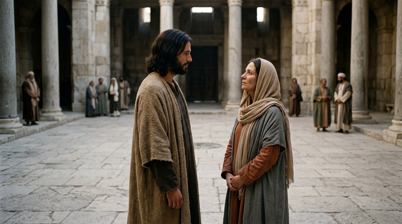 Jesús queda ante la mujer después de que sus acusadores abandonan la escena de Juan 8