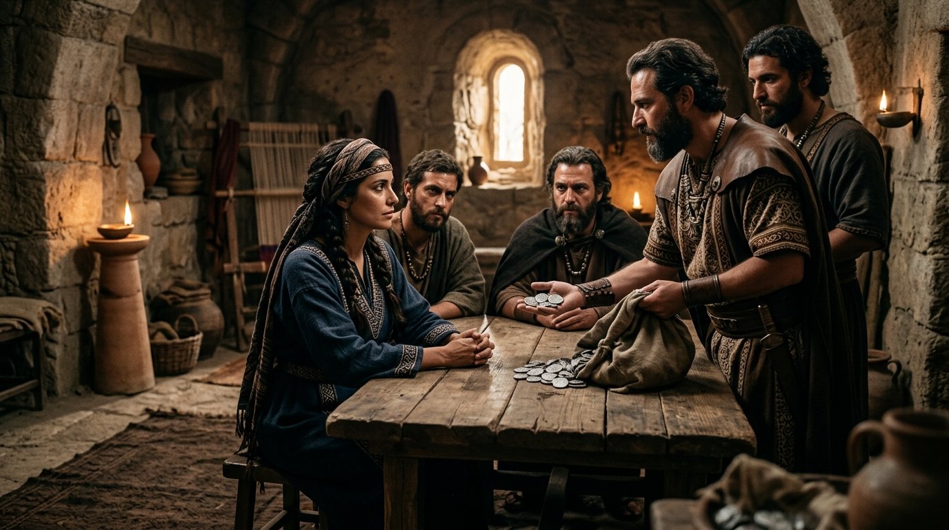 Los gobernantes filisteos ofrecen plata a Dalila para descubrir la fuerza de Sansón
