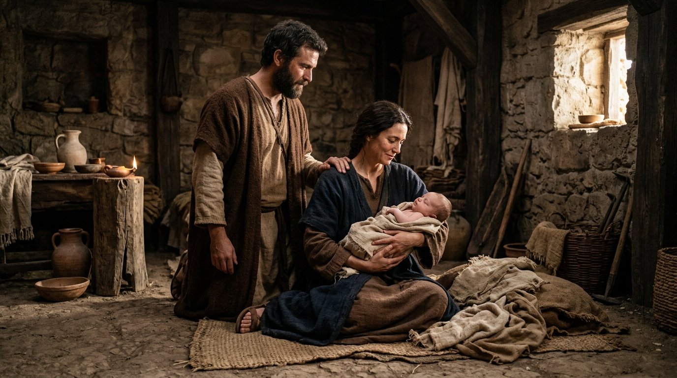 Nacimiento de Sansón junto a Manoa y su madre según Jueces 13
