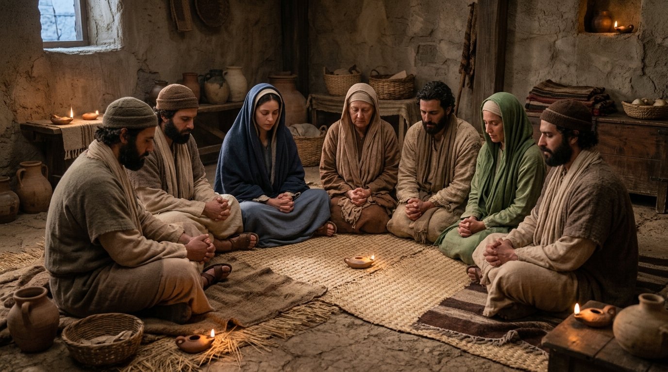 Mujeres y apóstoles perseveran juntos en la oración antes de Pentecostés