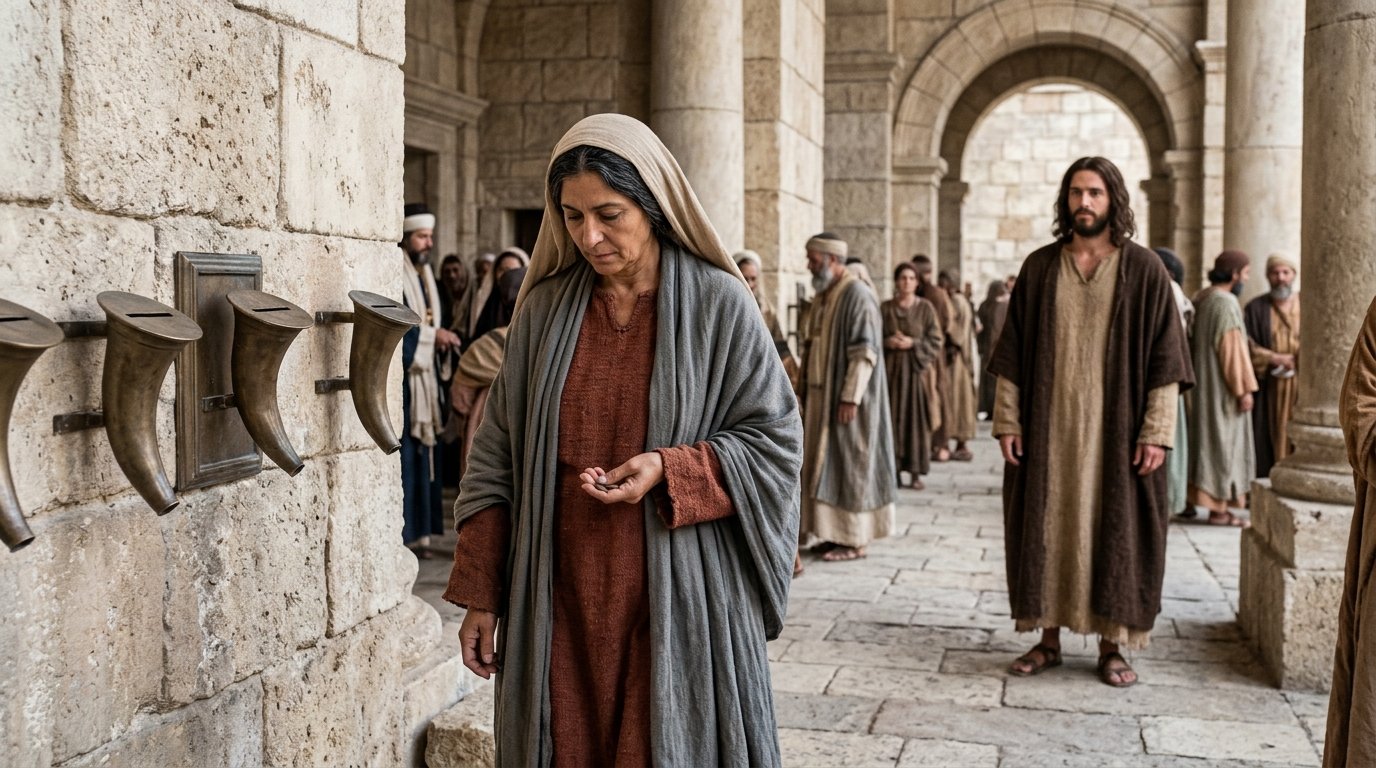 La viuda se acerca al lugar de las ofrendas del Templo con sus dos pequeñas monedas