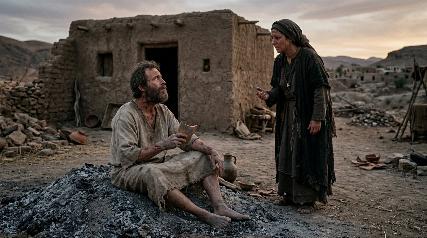 La esposa de Job habla con su marido durante su sufrimiento según Job 2:9-10