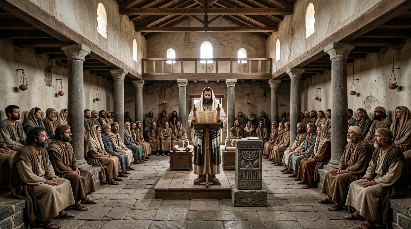 Interior de una sinagoga judía del siglo I en tiempos de Jesús