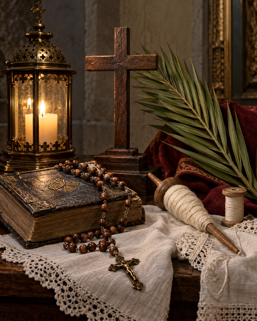 Rosario, catecismo, palma del martirio y elementos textiles, atributos de la beata Florencia Caerols Martínez.