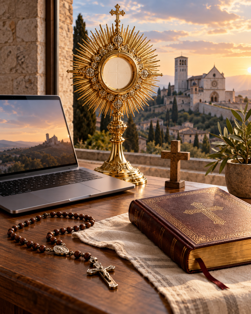 Custodia eucarística, ordenador, rosario y elementos digitales, atributos de san Carlo Acutis.