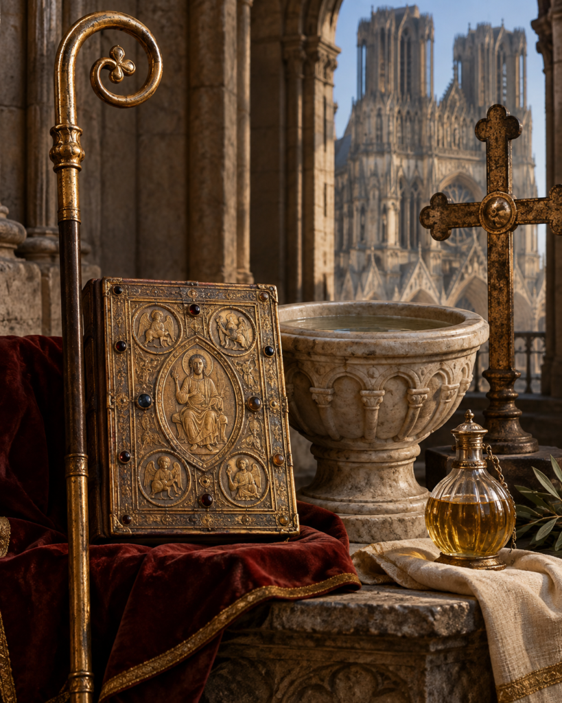 Báculo, Evangelio, pila bautismal y Santa Ampolla, atributos de san Remigio de Reims.