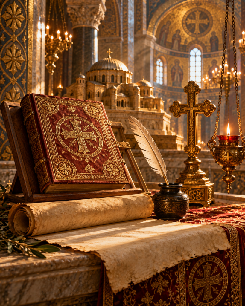 Vestiduras de diácono, rollo de himnos y manuscritos, atributos de san Romano el Méloda.