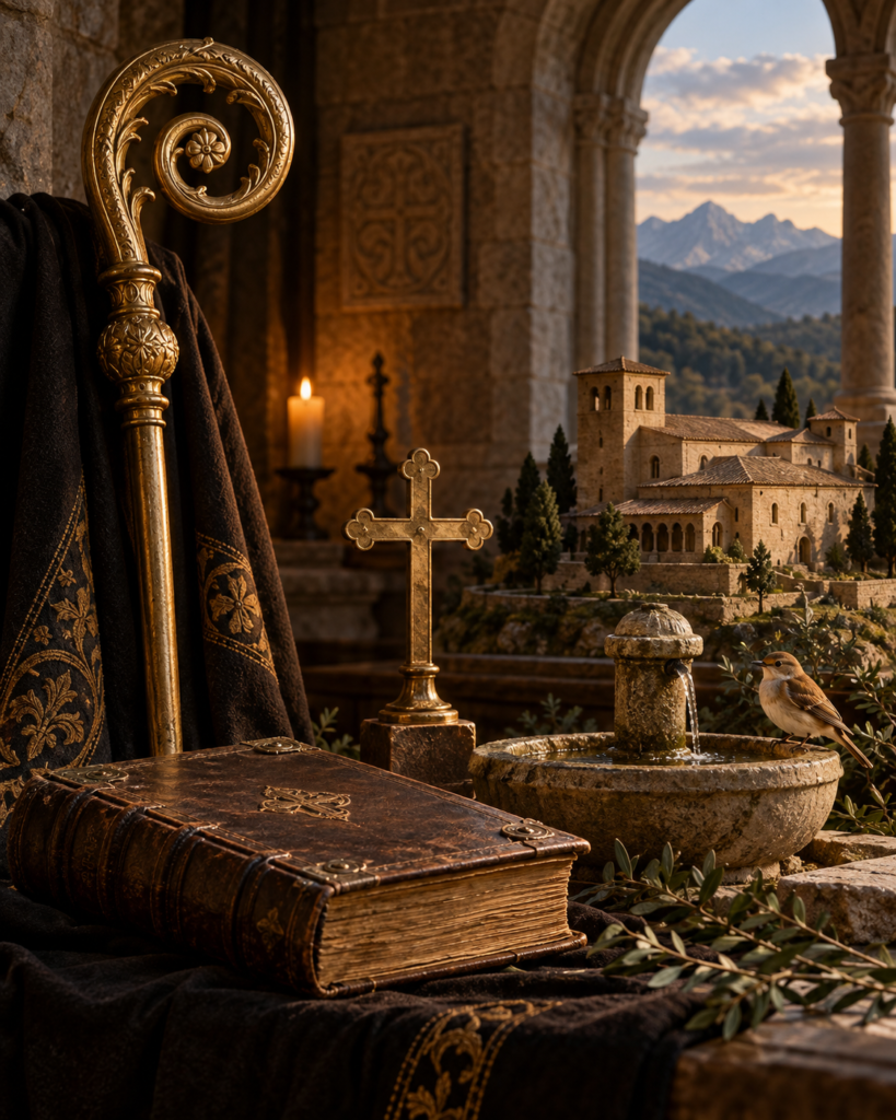 Hábito benedictino, báculo, libro, pájaro y fuente, atributos de san Virila de Leyre.