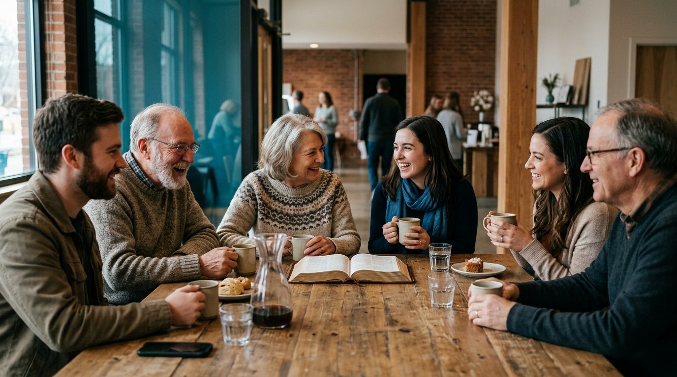 Comunidad intergeneracional de fe con adultos mayores y jóvenes compartiendo conversación y apoyo