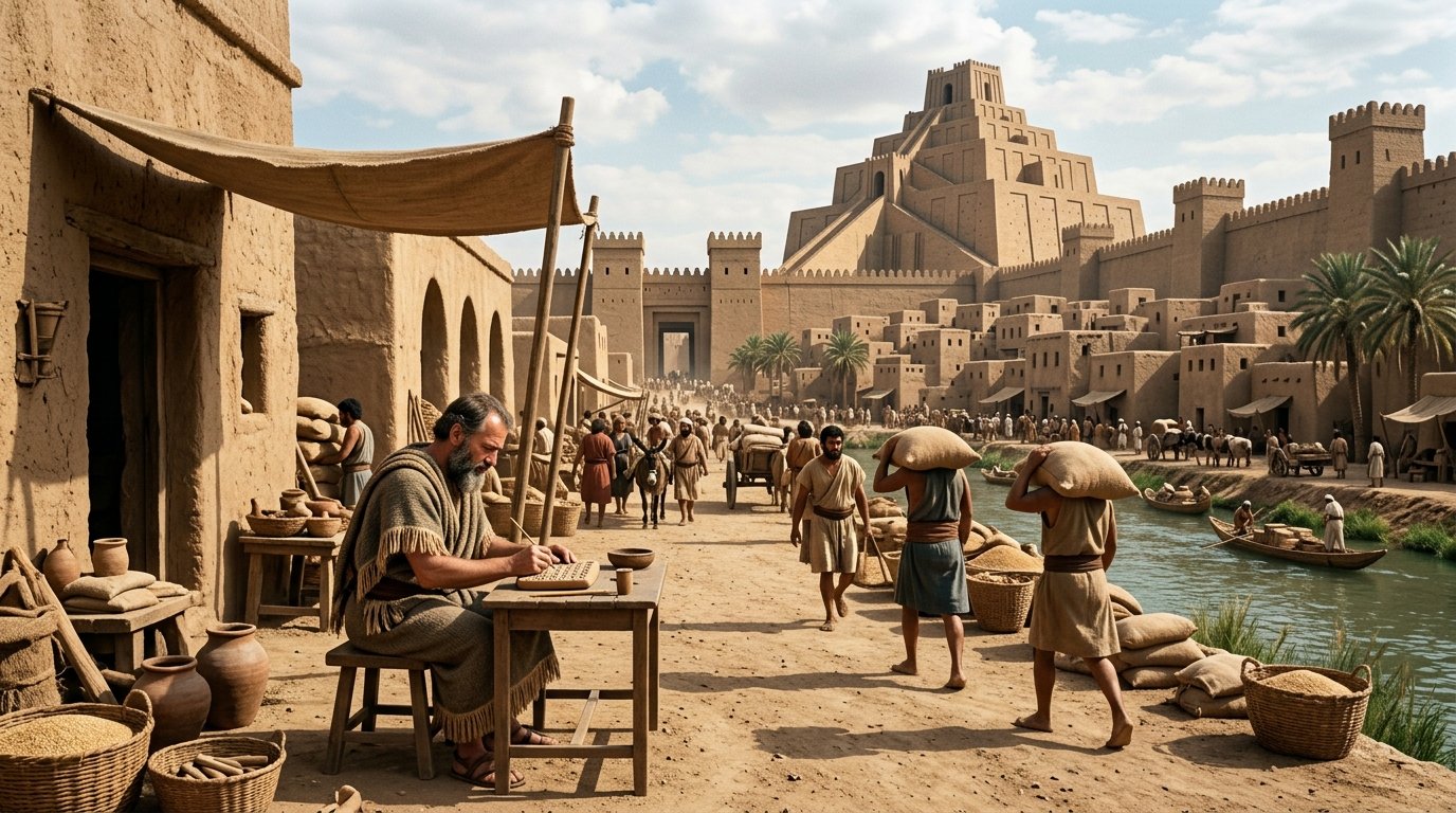 Ciudad mesopotámica con templo y escriba cuneiforme