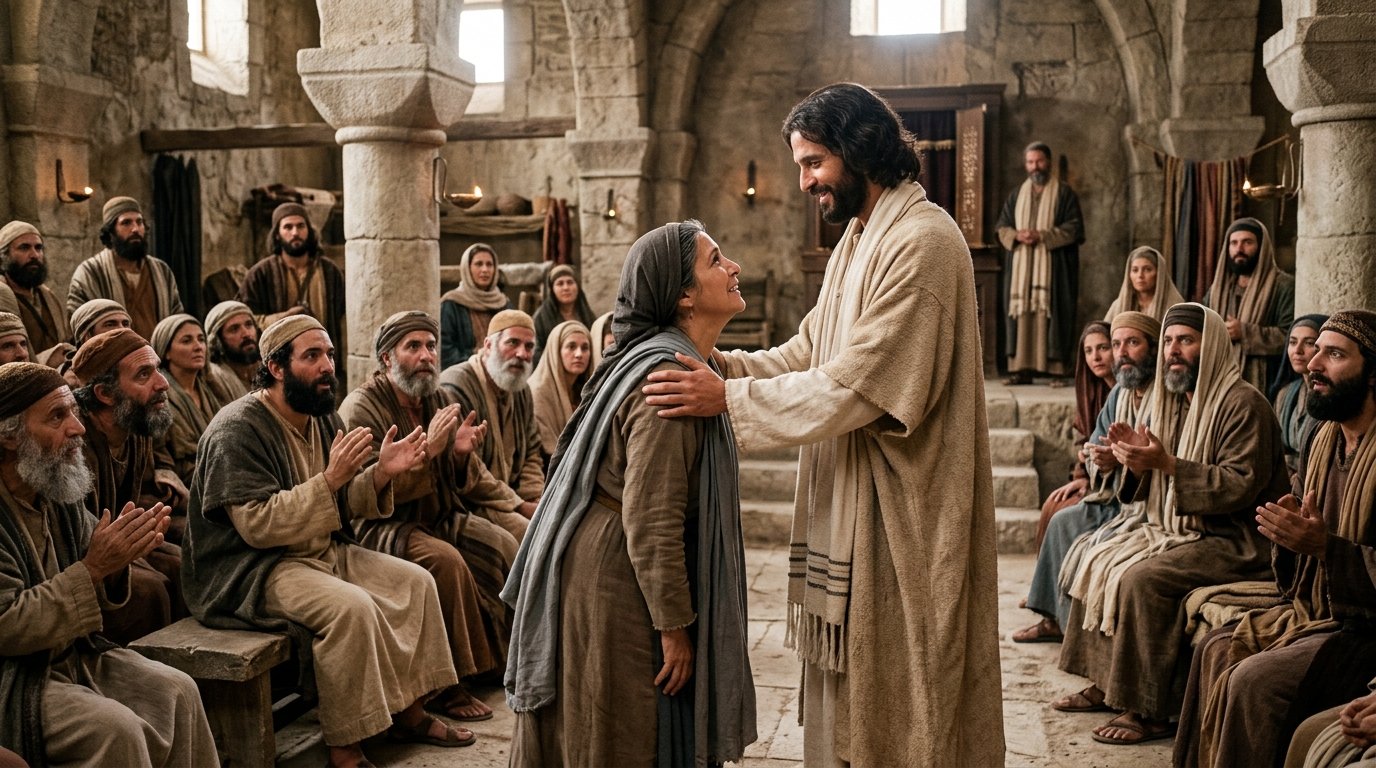 Jesús pone las manos sobre la mujer encorvada y la libera de su enfermedad