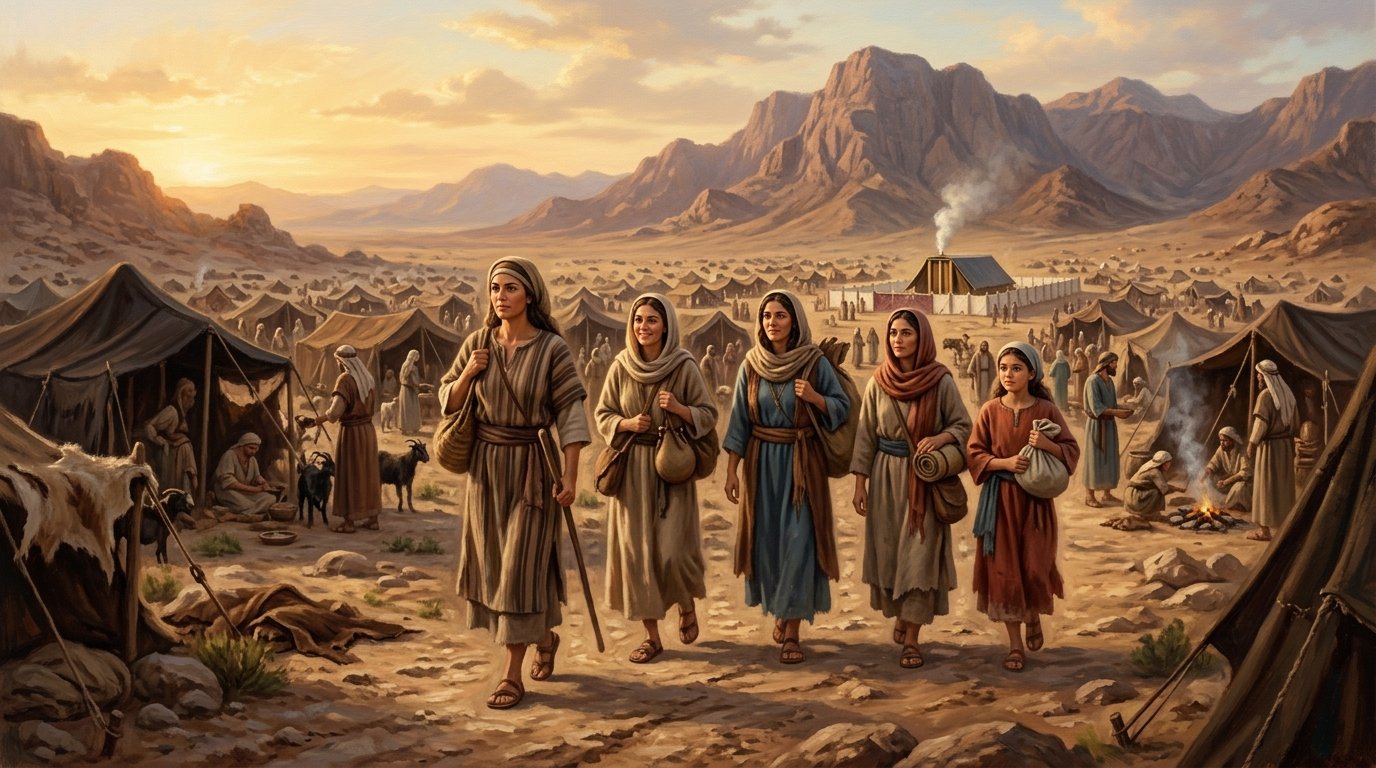 Las cinco hermanas de Zelofehad caminan por el desierto