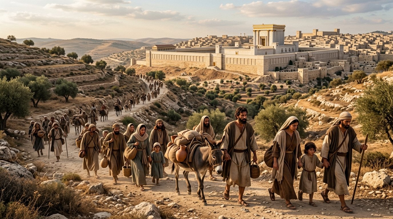 Peregrinos judíos viajando a Jerusalén en tiempos de Jesús