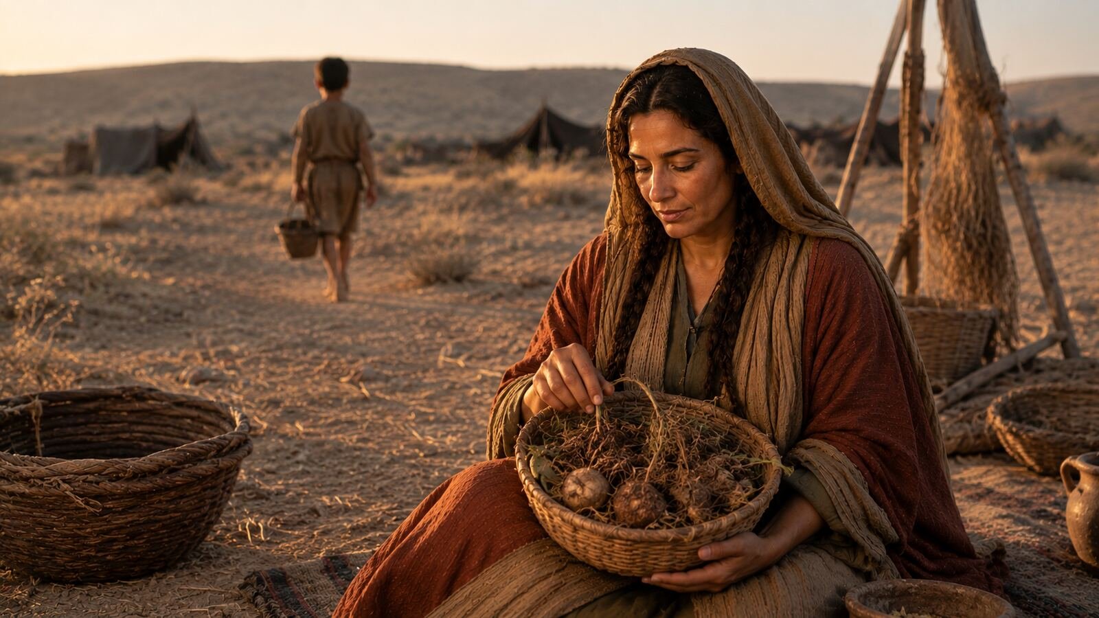 Lea contempla una cesta de mandrágoras en el campamento familiar según el episodio de Génesis 30