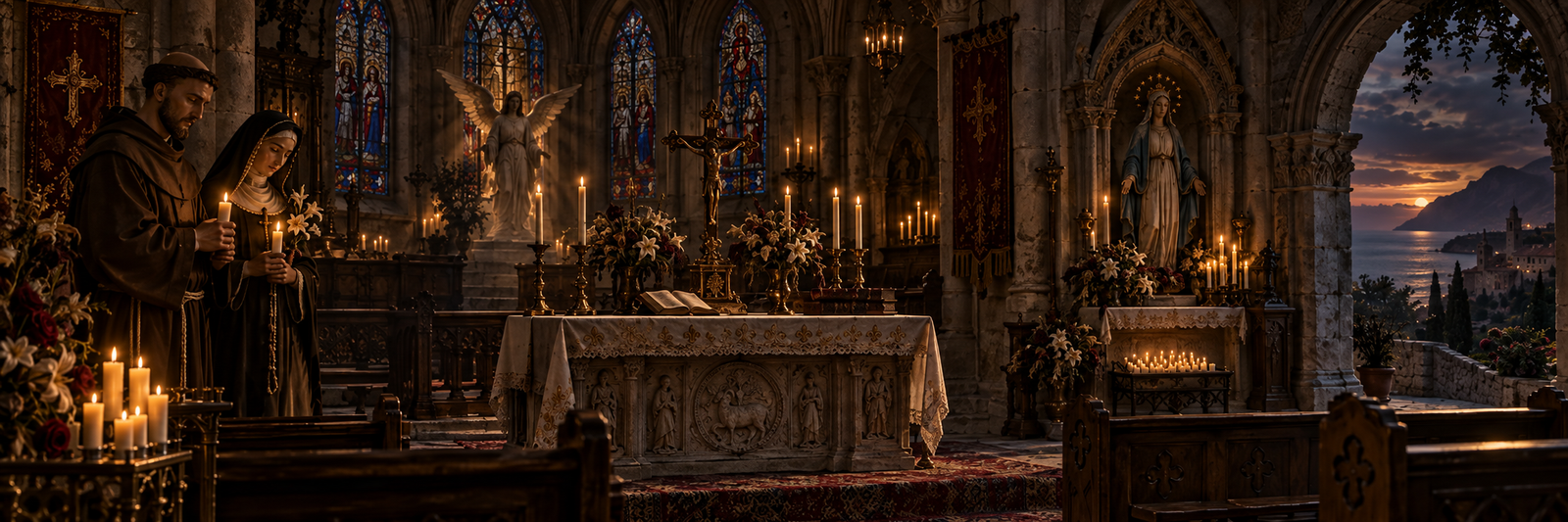Santos y figuras de devoción en una iglesia cristiana medieval
