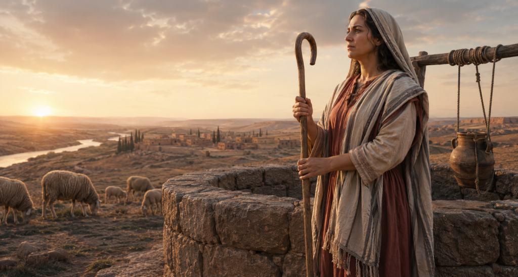 Raquel junto al pozo en Harán, pastora y matriarca de la Biblia al amanecer