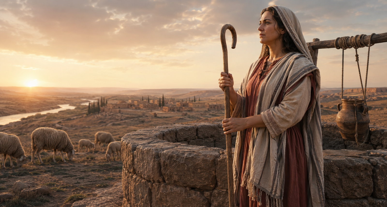 Raquel junto al pozo de Harán con su rebaño al amanecer