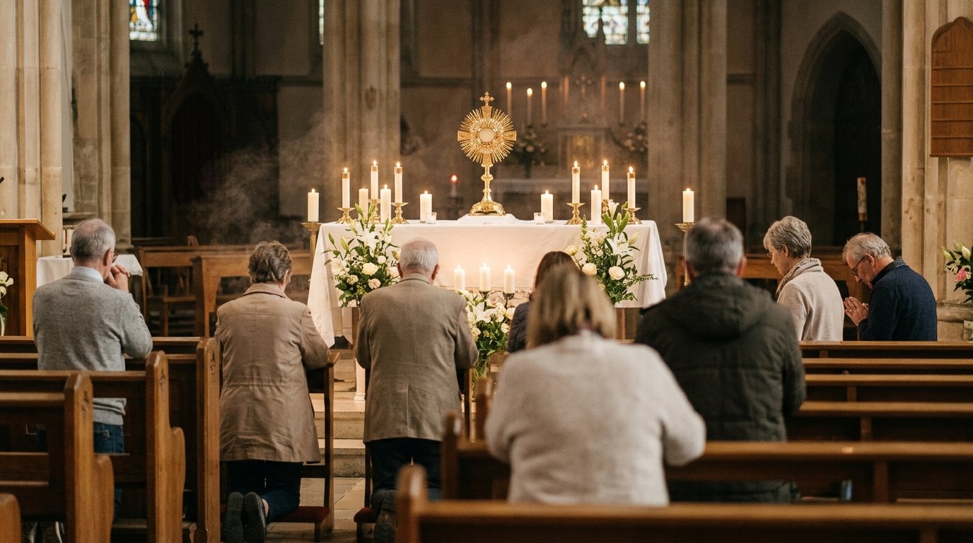 Adoración eucarística ante el Santísimo expuesto en la custodia