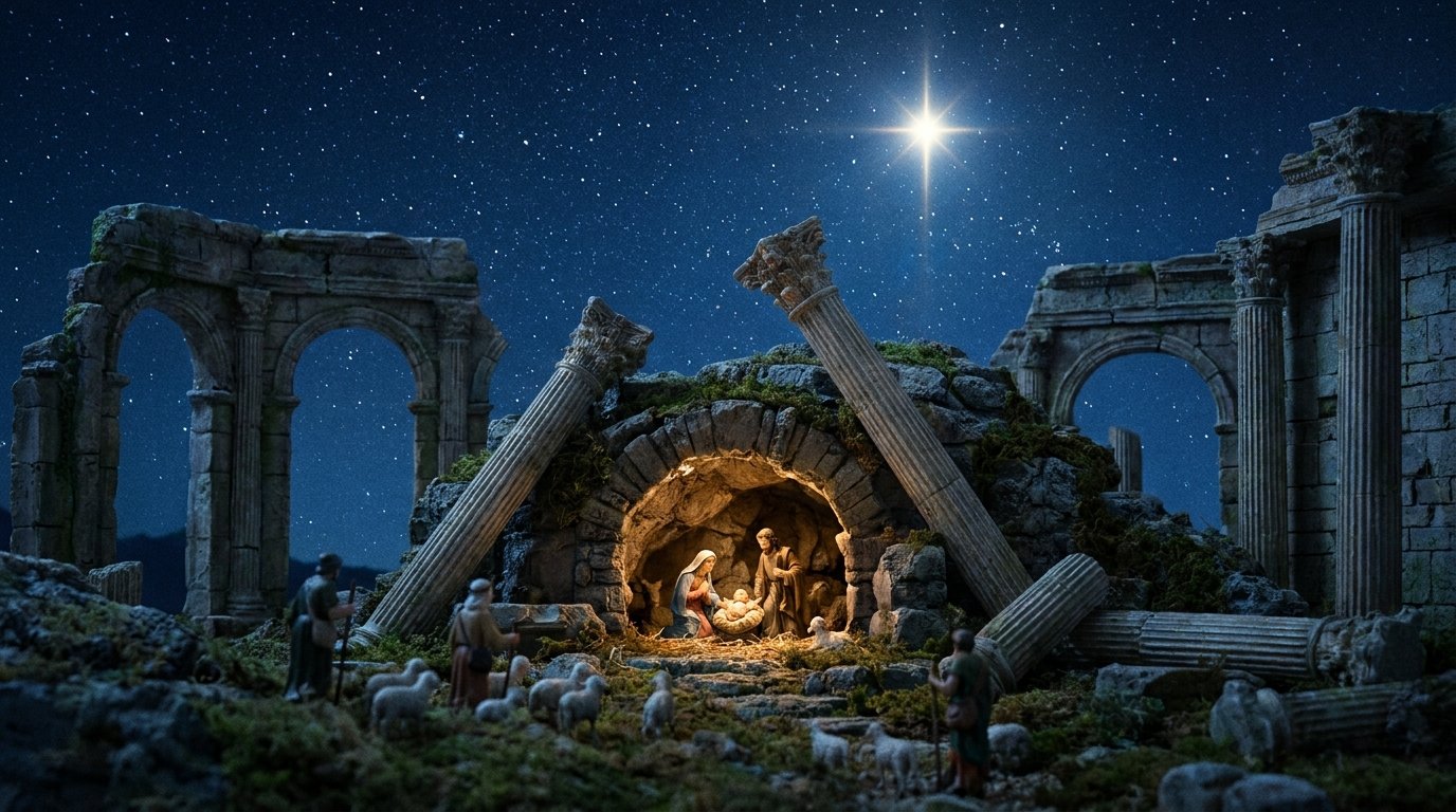 Belén con cielo estrellado y ruinas antiguas sobre la gruta del nacimiento