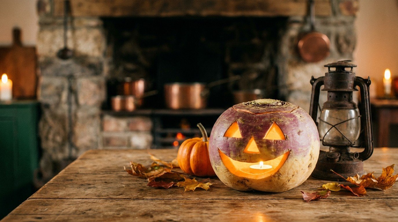 Nabo tallado con una vela dentro, antigua costumbre irlandesa que dio origen a la calabaza de Halloween