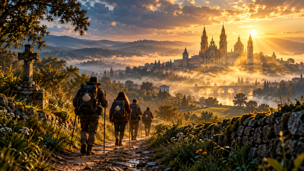 Peregrinos de espaldas caminando por un sendero al amanecer hacia las torres de una catedral, imagen del Camino de Santiago