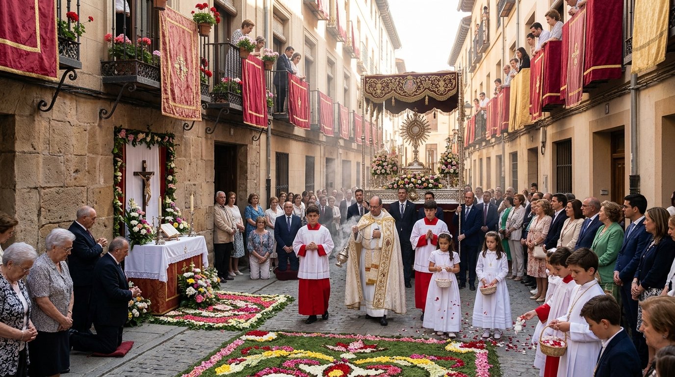 Procesión de Corpus Christi en España con flores y altares en las calles