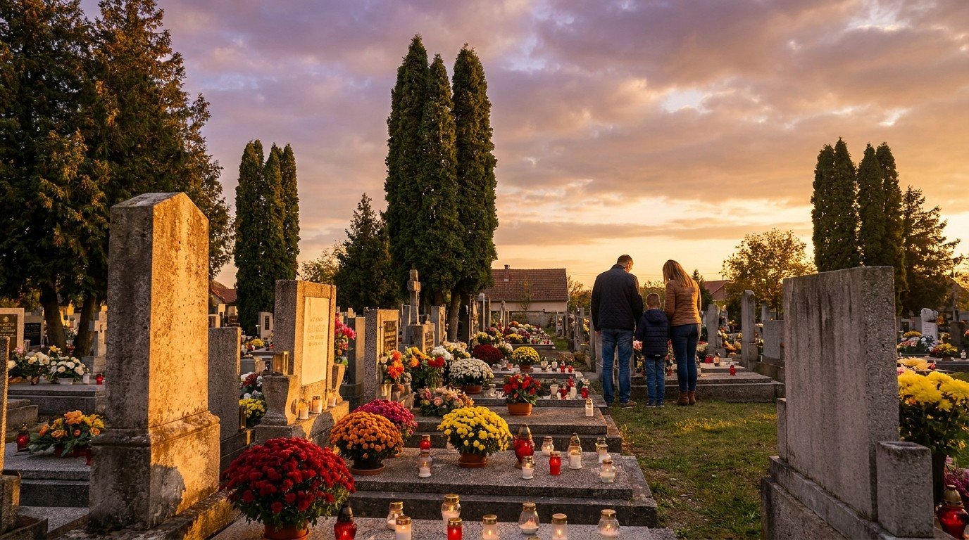 Familia rezando con velas y flores ante una tumba en un cementerio al atardecer, Fieles Difuntos