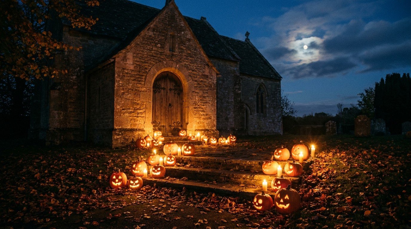 Calabazas talladas y velas en la puerta de una iglesia la noche del 31 de octubre, Halloween, víspera de Todos los Santos