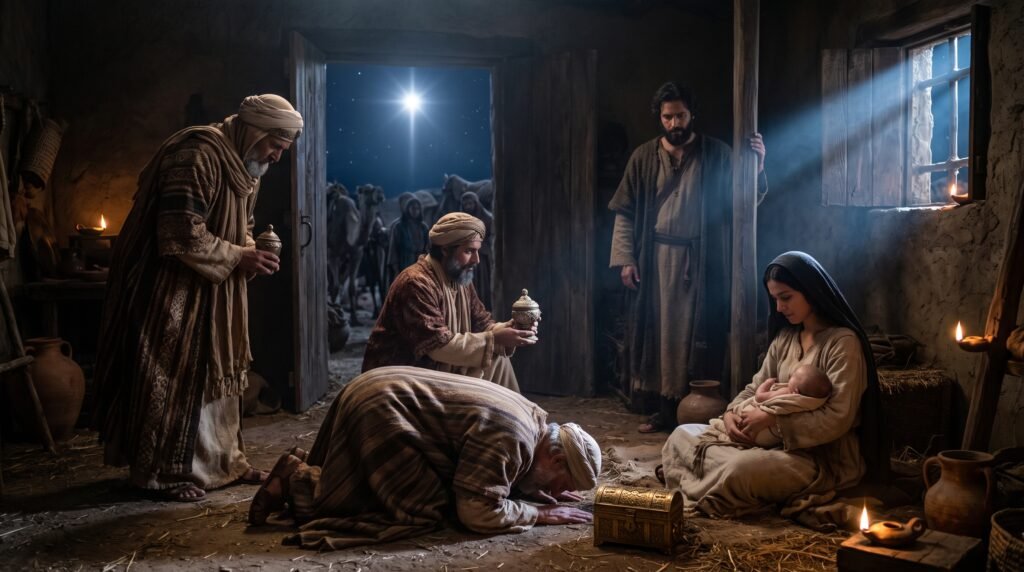 Epifanía del Señor con los Magos adorando al niño Jesús