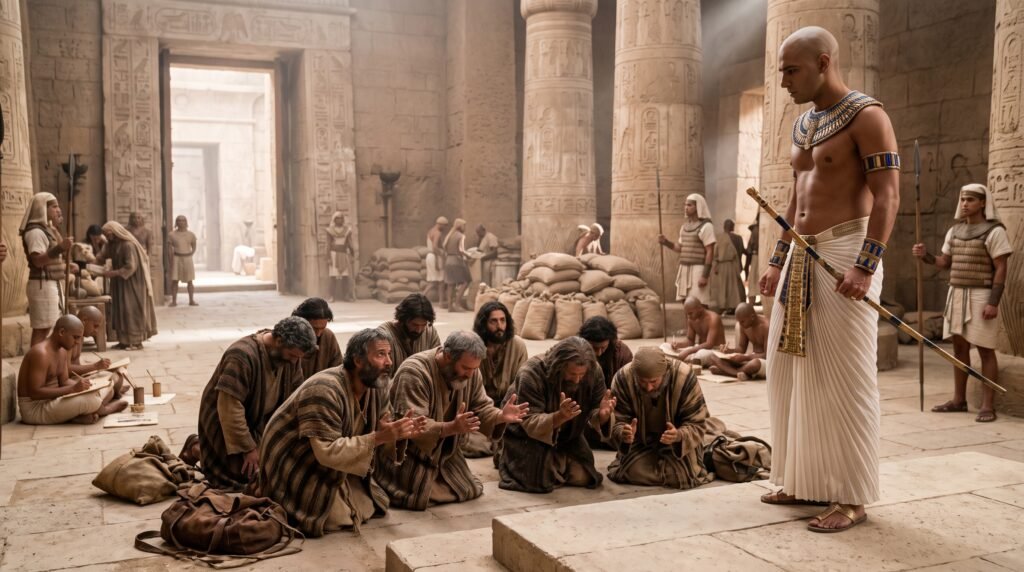 Los hermanos de José se presentan ante él en Egipto durante la hambruna según Génesis 42–44