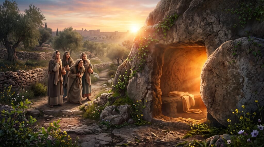Pascua cristiana y Resurrección de Jesús con la tumba vacía al amanecer