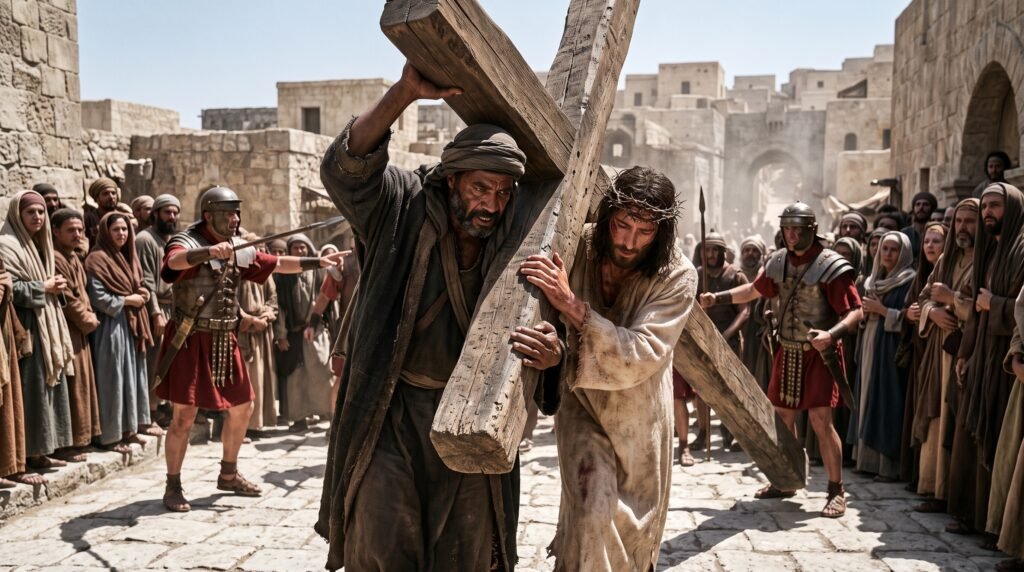 Simón de Cirene carga la cruz de Jesús camino del Gólgota