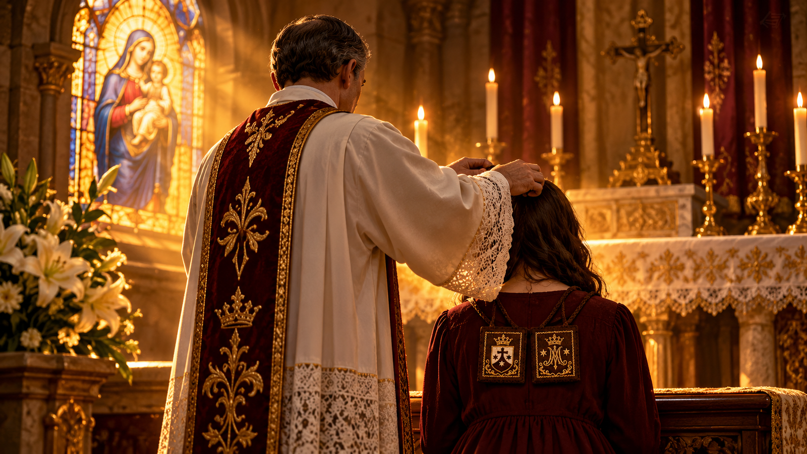 Un sacerdote de espaldas bendice y coloca un escapulario a un fiel arrodillado ante un altar sencillo