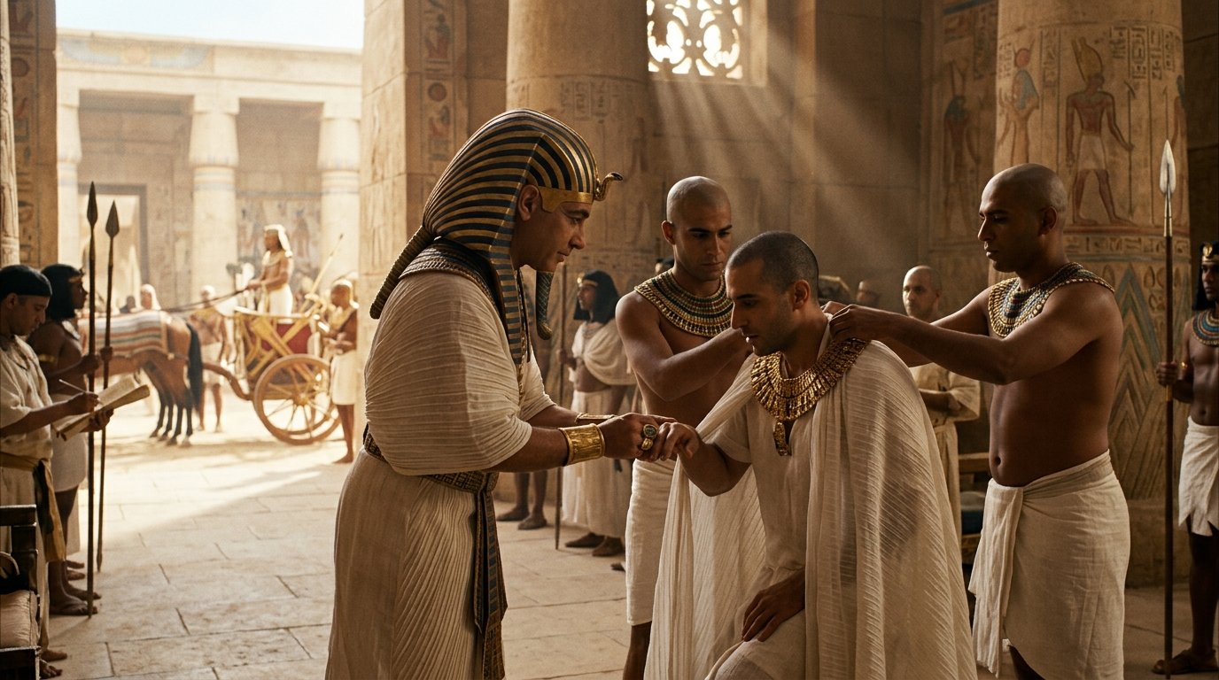 El faraón inviste a José con anillo-sello, lino fino y collar de oro