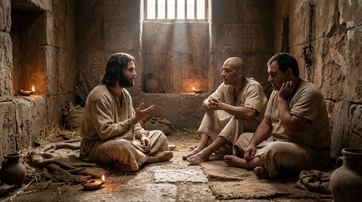 José interpreta los sueños del copero y el panadero y atribuye la interpretación a Dios