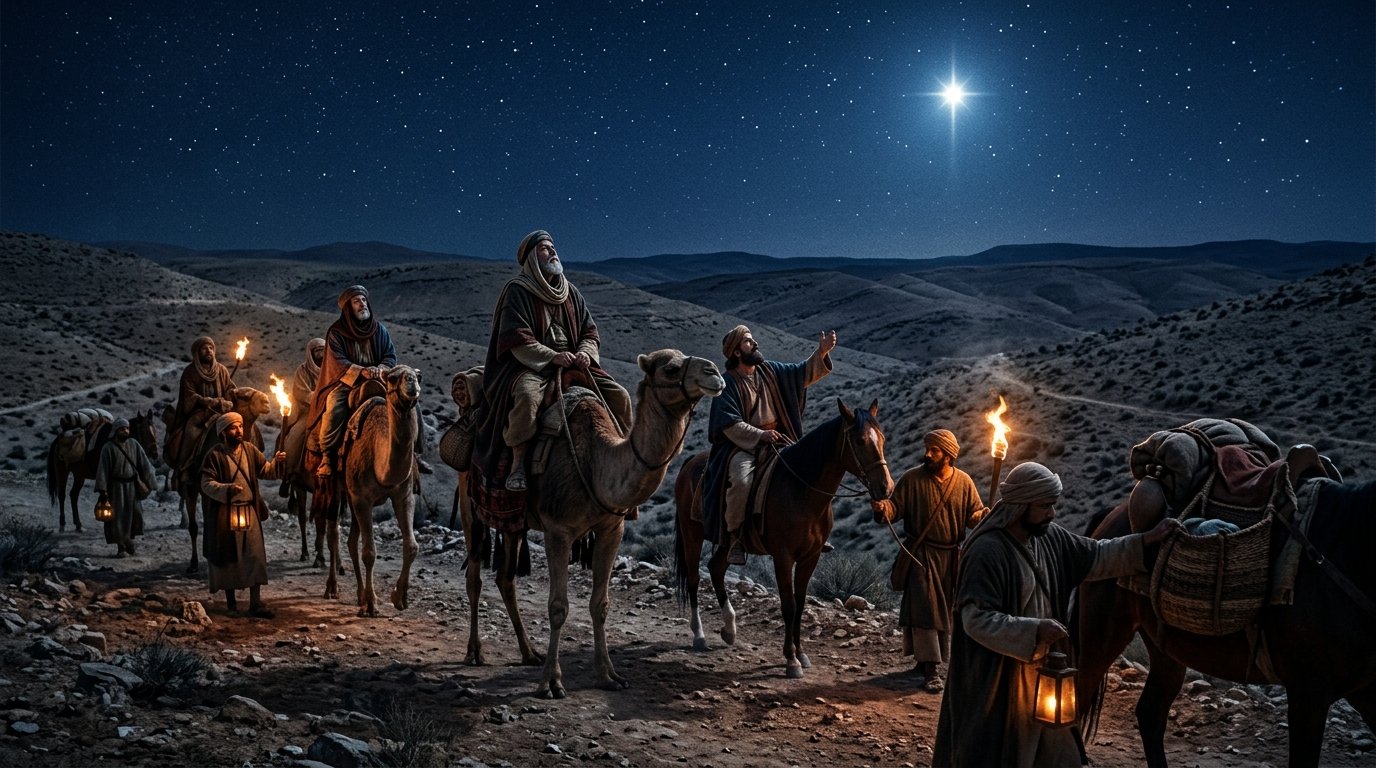 Magos de Oriente siguen la estrella camino de Belén