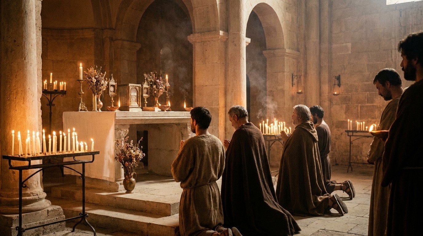 Cristianos de los primeros siglos rezando ante un altar con velas en una iglesia antigua, origen de Todos los Santos