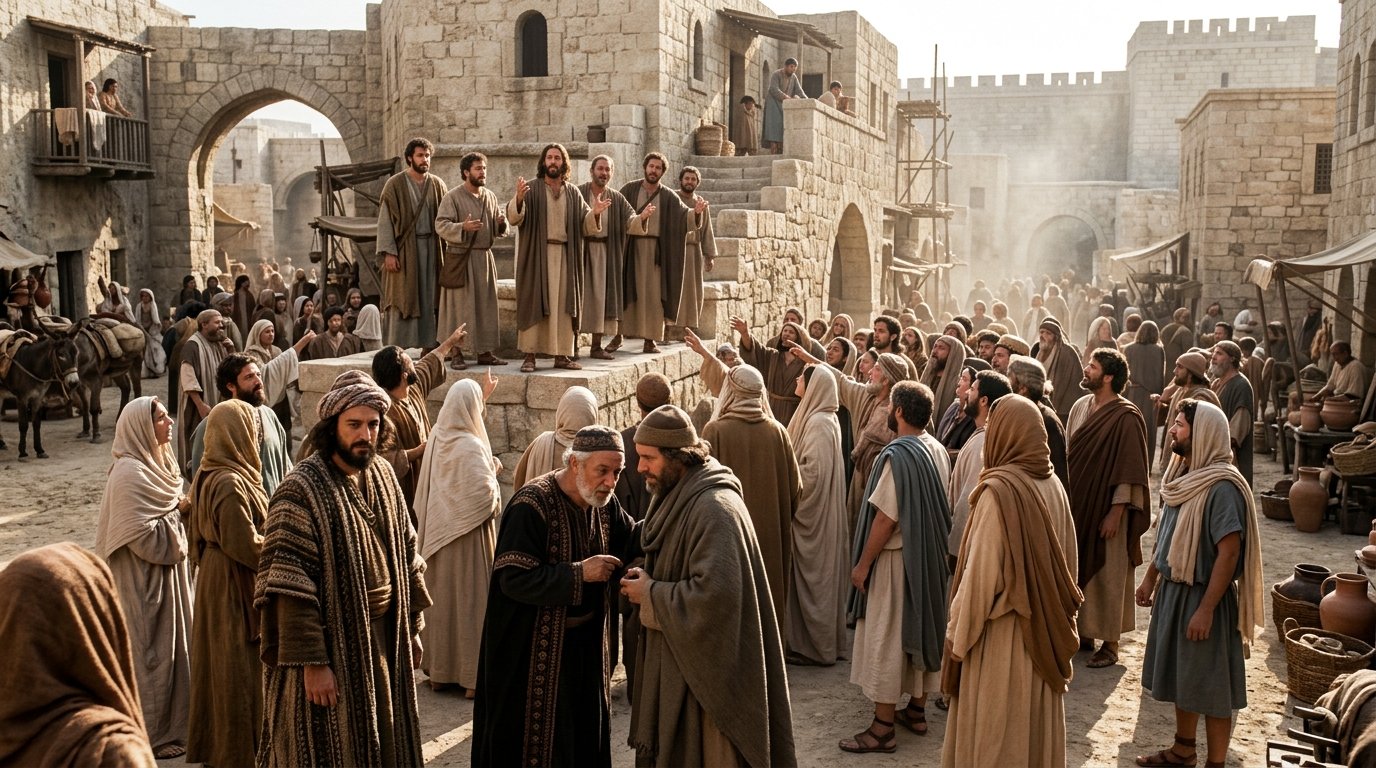 Multitud de peregrinos escucha a los discípulos en sus propias lenguas en Pentecostés