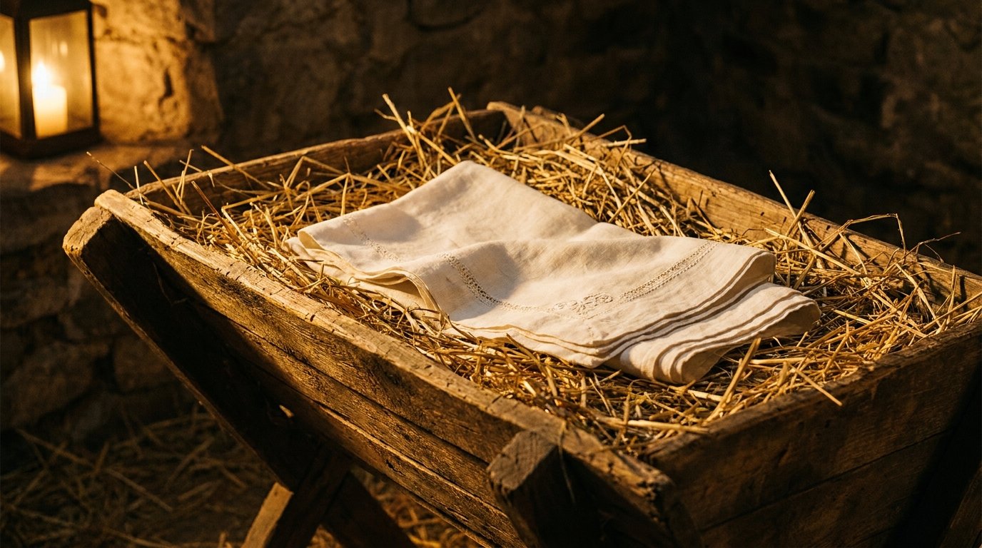 Pesebre de madera con heno que recuerda el relato del nacimiento en el Evangelio de Lucas
