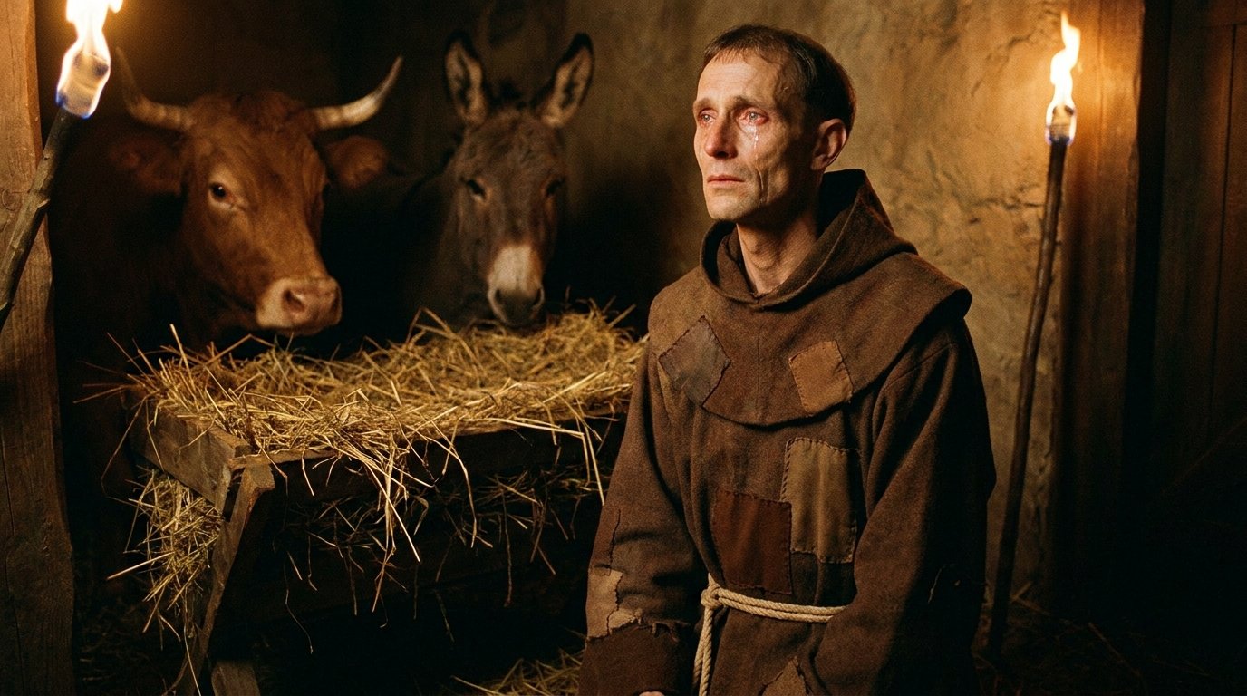 San Francisco de Asís contempla el pesebre con heno entre el buey y el asno
