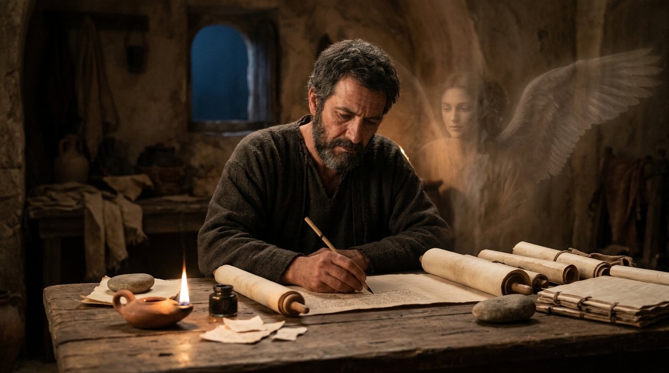 San Mateo representado como evangelista escribiendo un manuscrito