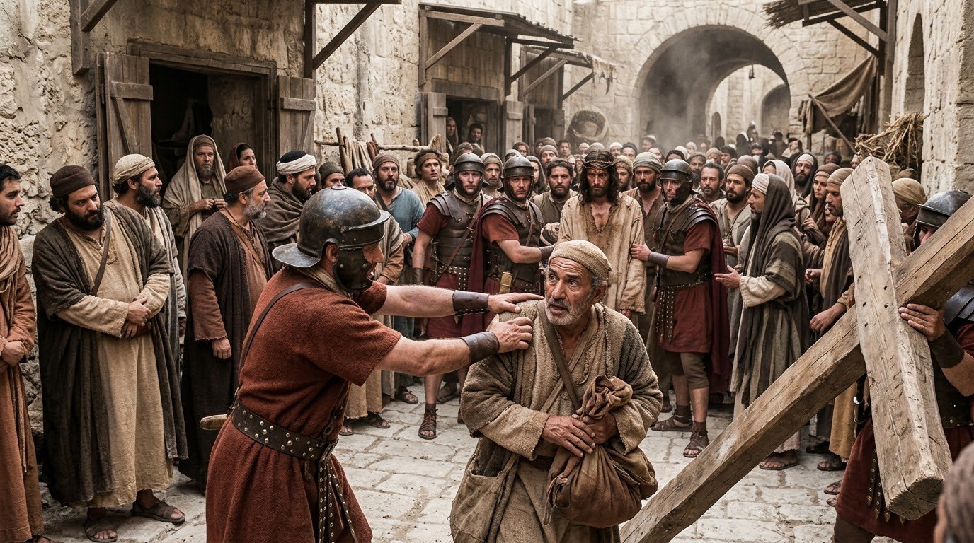 Soldados romanos obligan a Simón de Cirene a cargar la cruz de Jesús