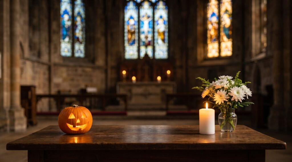 Calabaza tallada, vela encendida y flores blancas sobre una mesa ante el altar de una iglesia: Todos los Santos y Halloween