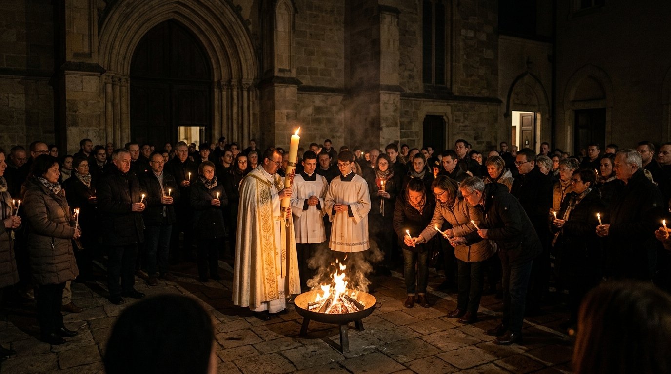 Vigilia Pascual con el cirio encendido en la noche