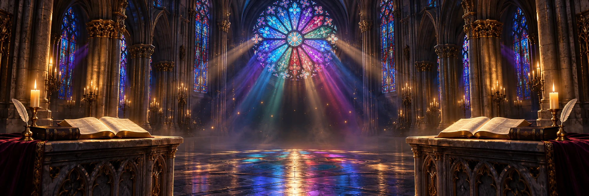 Una Biblia, un Catecismo y una vela sobre una mesa de piedra ante un gran rosetón de vidriera en una catedral en penumbra