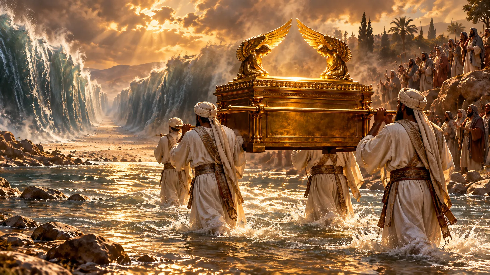 Sacerdotes levitas llevando el arca de la alianza al cruzar el río Jordán mientras las aguas se detienen