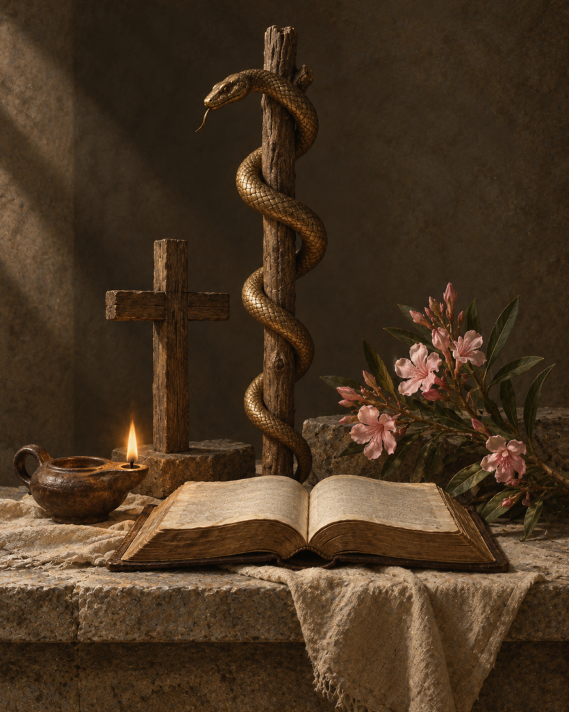 Serpiente de bronce, cruz, luz, flores rosas y Evangelio: símbolos del Cuarto Domingo de Cuaresma, domingo Laetare.
