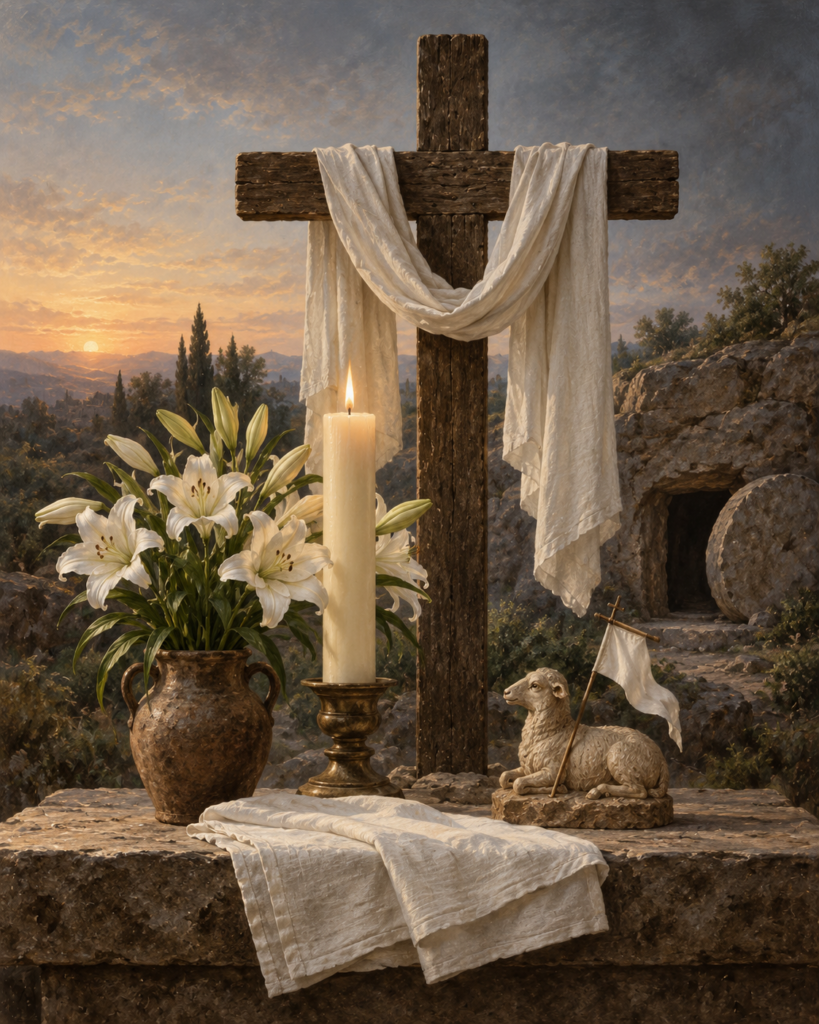 Sepulcro vacío, vendas, cirio pascual, lirios y amanecer: símbolos del Domingo de Pascua.