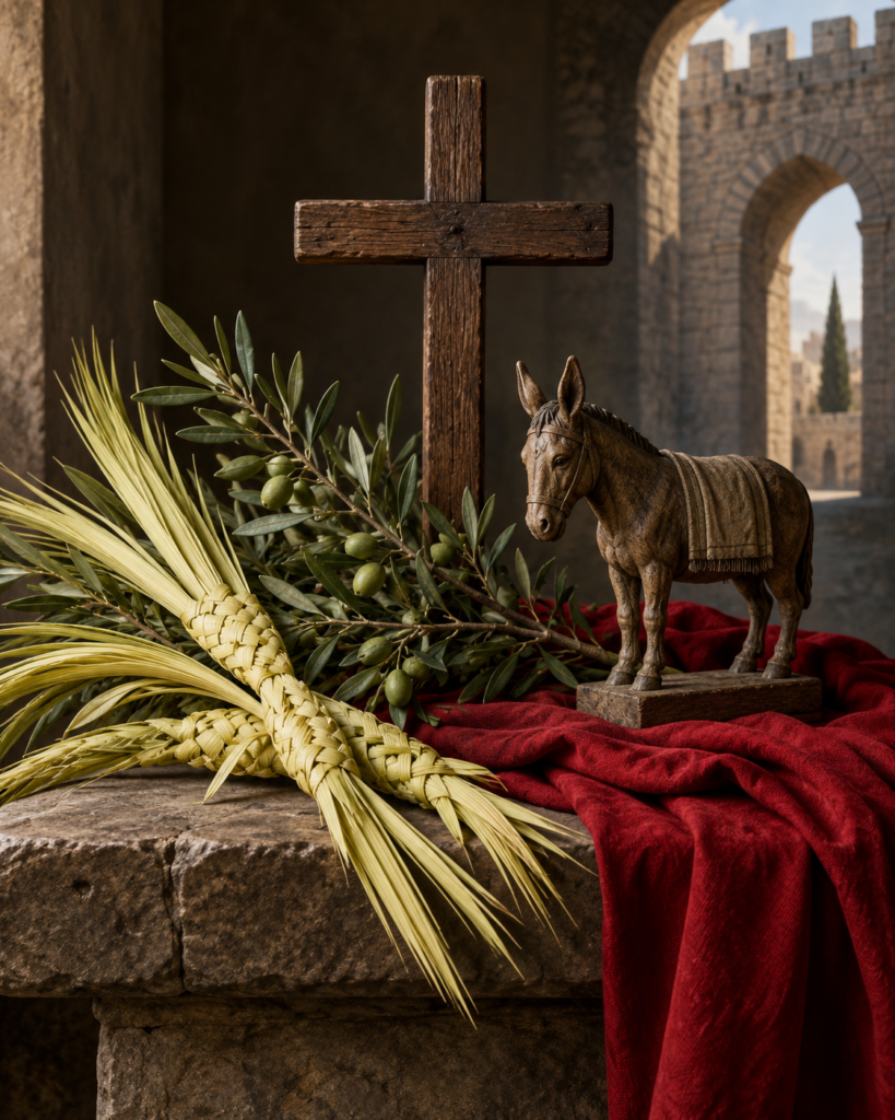 Ramos de olivo, palmas, pollino, mantos y cruz: símbolos del Domingo de Ramos.