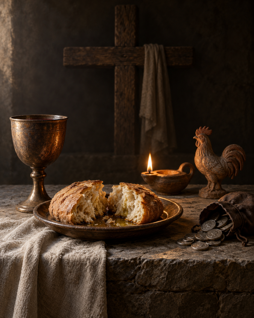 Pan mojado, mesa de la Cena, gallo, lámpara y monedas: símbolos del Martes Santo.
